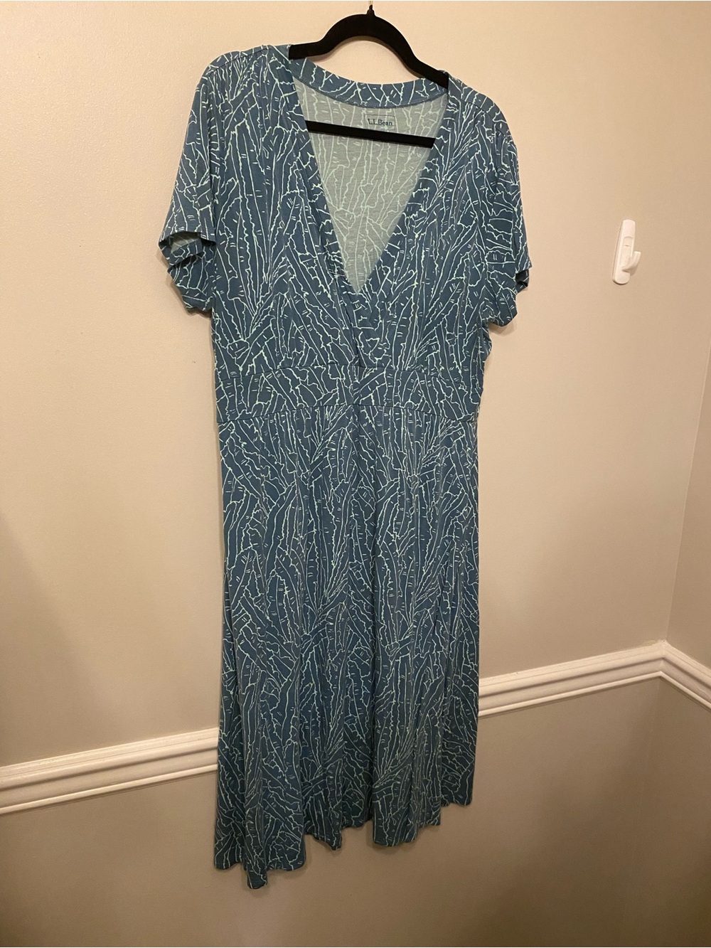 L.L. Bean Teal Blue Printed V-Neck Midi Dress